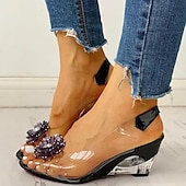 cheap Casual Sandals-Women&#039;s Transparent Wedge Sandals with Floral Rhinestone Decoration – Stylish Open-Toe Shoes for Summer, Parties, and Special Occasions