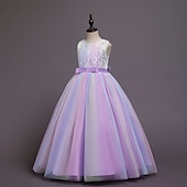 preiswerte Kleider für die Blumenmädchen-kinderkleidung Mädchen Blumenmädchen Kleid Kleid Ärmellos Hochzeit Party Spitze Gitter Kuschelig Polyester Maxi Blumenmädchenkleid Buntes Lila Farbpulver Weiß
