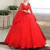 ieftine Rochii de Banchet-Rochie de Bal Quinceanera Rochii de Prințesă Rochie Roșie Verde Rochie Sweet 16 Lungime la Podea Mâneca Scurtă V Gât Tulle cu Aplicații pentru a impresiona