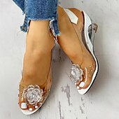 cheap Casual Sandals-Women&#039;s Transparent Wedge Sandals with Floral Rhinestone Decoration – Stylish Open-Toe Shoes for Summer, Parties, and Special Occasions