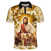cheap Men&#039;s Printed Polo-Men&#039;s Graphic Prints Easter Jesus Polo Shirt Golf Shirt Short Sleeves Shirt Turndown Outdoor Street Yellow Pink Blue Green Print Button-Down Clothing Apparel Fashion Designer Casual Breathable