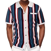 preiswerte Klassisches Poloshirt für Herren-Herren Polo Pullover Poloshirt Casual Täglich Umlegekragen Knopf Kurzarm Modisch Klumpig Gestreift Knopf vorne Sommer Frühling Herbst Regular Fit Wein Blau Grün Polo Pullover