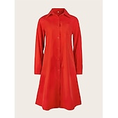 billiga midi svart klänning-skjortklänning för kvinnor fritidsklänning skiftklänning midiklänning utomhus vinterklänning daglig polyester elegant ledig skjortkrage ficka rullad manschett långärmad sommar vinter höst vår 2023 lös passform röd