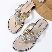 billige Uformelle sandaler-rhinestone-utsmykkede gull slip-on sandaler, stilige flate sommersko for strand-, fritids- og ferieklær