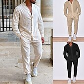 economico Set di camicie basic da uomo-Per uomo 2 pezzi Completo di camicia Camicia estiva Camicia da spiaggia Nero Bianco Beige Manica lunga Liscio Colletto alla coreana Primavera estate Hawaiano Per eventi Abbigliamento Tasche