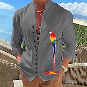voordelige Vogels &amp; Dieren-Voor heren Papegaai Overhemd Hawaiiaans overhemd Aloha-shirt Lange mouw Overhemd Opstaand Modieus Ontwerper Casual Buiten Vakantie Straat Wit blauw Blauw / Wit S M L