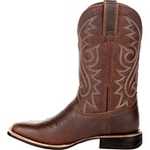 tanie Kowboj i zachodnie buty-męskie brązowe haftowane kowbojskie buty ze sztucznej skóry w stylu western - klasyczny, wytrzymały styl rodeo z kwadratowymi noskami do rancza i noszenia na zewnątrz