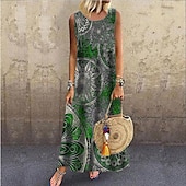 olcso Boho ruhák-Nők Maxi Ruha Kényelmi Ruha T-Shirt Ruha Tee Ruha Napszoknya Alap Kint Nyaralás Parti Szabványos Fit Virágos Rövid Ujjú Kerek Nyak Piros Kék Zöld Nyár Tavasz