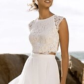 cheap Wedding Dresses-Beach Wedding Beach Boho Wedding Dresses Separates Scoop Neck Sleeveless Separates Lace Bridal Tops Bridal Gowns With Appliques Solid Color 2025