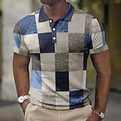 cheap Men&#039;s Color Block Polo-Men&#039;s Plaid Waffle Polo Shirts Golf Shirt Short Sleeve Polo Shirts Collared Shirts Vintage Casual Vacation Wear Formal Wear Festival Wear Buttons 3D Print Light Yellow Crystal / Orange Yellow