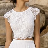 cheap Wedding Dresses-Beach Wedding Beach Boho Wedding Dresses Separates Scoop Neck Sleeveless Separates Lace Bridal Tops Bridal Gowns With Appliques Solid Color 2025