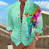 billiga Fåglar &amp; Djur-Herr Papegoja Skjorta Hawaii skjorta Aloha skjorta Långärmad Skjorta Hög krage Mode Designer Ledigt Utomhus Semester Gata Gul Blå Purpur S M L