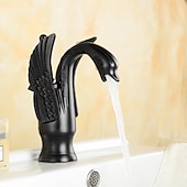 baratos Clássico-torneira misturadora de pia de banheiro vintage forma de cisne de latão, torneiras de lavatório monobloco alça única um furo montado no convés, mono torneira de vaso de água quente e fria mangueira retrô antigo