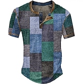 tanie Geometryczny-Męskie Graficzny Kratka Kolorowy blok Koszula Henley z waflami Krótki rękaw Druk 3D Zabytkowe Moda Designerskie Na zewnątrz Codzienny Lato Żółty Czerwony Niebieski Zielony Ciemnoniebieski Henley