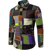 preiswerte Ethnisches Muster-Herren Hemd Knopfhemd Langarm Designer Boho Täglich Ausgehen Ganzjährig Umlegekragen Bedruckt Hemden mit Kragen Hellgrün Dunkelgrün Purpur Regenbogen