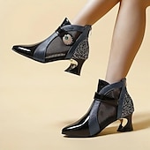 preiswerte Stiefeletten-Schwarze und rote Stiefeletten für Damen mit Mesh-Einsätzen und verziertem Absatz – elegantes modisches Schuhwerk für besondere Anlässe