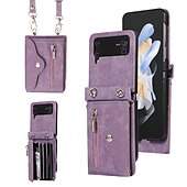 Недорогие Чехлы для Samsung-телефон Кейс для Назначение SSamsung Galaxy Z-флип 6 Z Flip 5 Z Flip 4 Z Flip 3 Сумочка Кошелек Кошелек для карт Флип Молния со съемным ремешком через плечо Однотонный ПК Кожа PU