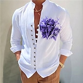 billiga Blommönster-Herr Mörk Skjorta Aloha skjorta Långärmad Mode Designer Ledigt Semester Dagligen Utekväll Höst Vår &amp; sommar Hög krage Mönster Svart Gul Svart / Röd Armégrön Rubinrött