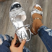 economico Sandali Casual-sandali con zeppa neri da donna – scarpe slip-on con cinturini e strass scintillanti per l&#039;estate, abbigliamento casual e da festa