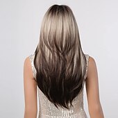 tanie Peruki syntetyczne modne-Blond brązowe peruki ombre dla czarnych kobiet długie warstwowe proste peruki z grzywką peruki syntetyczne naturalne włosy do codziennego użytku imprezowego peruki barbiecore