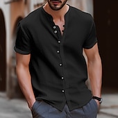 cheap Street-Men&#039;s Shirt Linen Shirt Band Collar Shirt Summer Shirt Beach Wear Button Up Shirt Plain Vacation Casual Black White Blue Khaki Short Sleeve Band Collar Summer Clothing Apparel