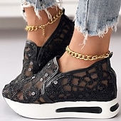 preiswerte Damen-Sneaker-Damen Slip-On-Sneaker aus goldenem Pailletten-Mesh mit Plateausohle – stylische Freizeitschuhe für Partys und besondere Anlässe