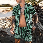 billiga Set med tryckta skjortor för män-Herr 3D-utskrift 2st Skjortor Set Hawaii skjorta Kortärmad Korta byxor Nedvikt Mode Hawaiisk Designer Utomhus Semester Strand 3D-utskrift Button-Down Sommar Vår Svart Blå Purpur