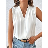 tanie Tank topy i topy na ramiączkach damskie-Kobiecy top na ramiączkach plisowany satynowy w jednolitym kolorze podstawowy casualowy w serek bez rękawów letni czarny biały