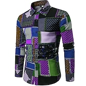 preiswerte Ethnisches Muster-Herren Hemd Knopfhemd Langarm Designer Boho Täglich Ausgehen Ganzjährig Umlegekragen Bedruckt Hemden mit Kragen Hellgrün Dunkelgrün Purpur Regenbogen