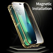 رخيصةأون جرابات آيفون-غطاء زجاجي مزدوج مغناطيسي لهاتف iPhone 16 15 14 13 12 11 Pro Max Plus Mini – إطار معدني واقي كامل للجسم مع واقي عدسة، زجاج مقسى، تصميم لون موحد