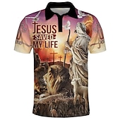 cheap Men&#039;s Printed Polo-Men&#039;s Graphic Prints Easter Jesus Polo Shirt Golf Shirt Short Sleeves Shirt Turndown Outdoor Street Yellow Pink Blue Green Print Button-Down Clothing Apparel Fashion Designer Casual Breathable