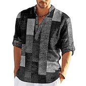 abordables Diseño Geométrico-Hombre Ajedrez Retazos Diseño Geométrico Camisa Abotonar la camisa Manga Larga Moda Ropa de calle Design Casual Noche Verano Primavera Otoño Escote Chino Estampado Caqui+Caqui Negro Blanco Amarillo