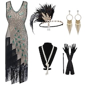 cheap Outfits-Retro Vintage Roaring 20s 1920s Flapper Dress Dress Outfits Necklace / Earrings The Great Gatsby Wedding Guest Sequins Tassel Fringe Women&#039;s Party / Evening Masquerade Wedding Reception Adults&#039; Dress