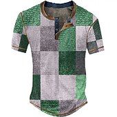 tanie Geometryczny-Męskie Graficzny Kratka Koszula Henley z waflami Krótki rękaw Druk 3D Moda Designerskie Podstawowy Na zewnątrz Codzienny Lato Niebieski Błękit nieba Czerwony Brązowy Zielony Henley Koszulka Henley