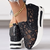 preiswerte Damen-Sneaker-Damen Slip-On-Sneaker aus goldenem Pailletten-Mesh mit Plateausohle – stylische Freizeitschuhe für Partys und besondere Anlässe
