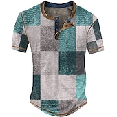 tanie Geometryczny-Męskie Graficzny Kratka Koszula Henley z waflami Krótki rękaw Druk 3D Moda Designerskie Podstawowy Na zewnątrz Codzienny Lato Niebieski Błękit nieba Czerwony Brązowy Zielony Henley Koszulka Henley