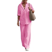 economico Set in cotone e lino-Per donna Elegante Moda Essenziale Camicia Set di biancheria in cotone Set da due pezzi Pantaloni Manica Lunga Colletto a Camicia Tinta unica Casual Quotidiano Rosa Blu marino scuro Blu Autunno