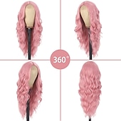 economico Parrucche trendy sintetiche-parrucca rosa parrucche lunghe ondulate da 26 pollici per le donne parrucca riccia parte centrale dall&#039;aspetto naturale parrucche sintetiche in fibra resistente al calore per l&#039;uso quotidiano