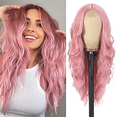 economico Parrucche trendy sintetiche-parrucca rosa parrucche lunghe ondulate da 26 pollici per le donne parrucca riccia parte centrale dall&#039;aspetto naturale parrucche sintetiche in fibra resistente al calore per l&#039;uso quotidiano