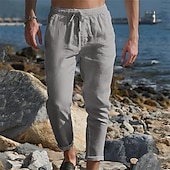 cheap Holiday-Men&#039;s Linen Pants Trousers Summer Pants Pocket Drawstring Plain Comfort Breathable Ankle-Length Casual Daily Going out Simple Casual Black White Micro-elastic