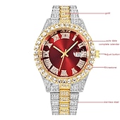 cheap Quartz Watches-Men&#039;s Quartz Watch with Chain Bracelet Set Fashion Luxury Bling Diamond Hiphop Analog Men Quartz Wristwatch Calendar Waterproof Men&#039;s Watch
