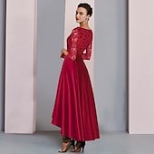 abordables Longueur du thé-Robe de Mère de la Mariée A-Ligne Invité de Mariage Formelle Élégant Fête Haute Basse Col Échancré Asymétrique Longueur Thé Satin Dentelle Manche 3/4 avec Noeud(s) Plis taille sur mesure gratuite
