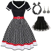 preiswerte Outfits-Retro Vintage 1950er Jahre Grease Outfits Rockabilly Petticoat Hoops Rock A-Linien Kleid Tutu Polka Dot Schickes Kleid Damen Party  Abend Maskerade Erwachsenen Kleid Ohrringe Kopfschmuck Frühling