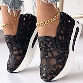 preiswerte Damen-Sneaker-Damen Slip-On-Sneaker aus goldenem Pailletten-Mesh mit Plateausohle – stylische Freizeitschuhe für Partys und besondere Anlässe