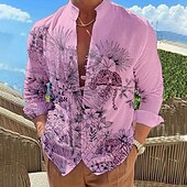 billiga Växter Mönster-Herr Blommig Skjorta Knapp upp skjorta Långärmad Mode Designer Ledigt Semester Dagligen Utekväll Höst Vår &amp; sommar Hög krage Mönster Vit Gul Rodnande Rosa Blå Grön