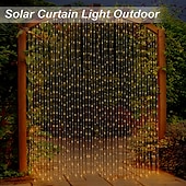 abordables Guirlandes solaires-3*3m 300 led solaire rideau lumière extérieure télécommande lumière 8 modes d&#039;éclairage guirlandes ip65 étanche fil de cuir lumières fête de noël mariage maison chambre jardin décoration murale