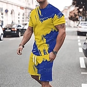billige T-skjorter med trykk for menn-Herre Grafisk Fargeblokk 2stk T-skjorter sett Matchende sett Kortermet Korte bukser Crew-hals Designer Fritid Bekvem utendørs Feriereise Daglig 3D-utskrift Vår sommer Svart Hvit Gul