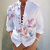 billiga Blommönster-Herr Mörk Skjorta Aloha skjorta Långärmad Mode Designer Ledigt Semester Dagligen Utekväll Höst Vår &amp; sommar Hög krage Mönster Svart Gul Svart / Röd Armégrön Rubinrött