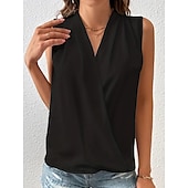 tanie Tank topy i topy na ramiączkach damskie-Kobiecy top na ramiączkach plisowany satynowy w jednolitym kolorze podstawowy casualowy w serek bez rękawów letni czarny biały