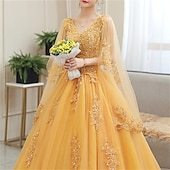 ieftine Rochii de Banchet-Rochie de Bal Quinceanera Rochii de Prințesă Rochie Roșie Verde Rochie Sweet 16 Lungime la Podea Mâneca Scurtă V Gât Tulle cu Aplicații pentru a impresiona